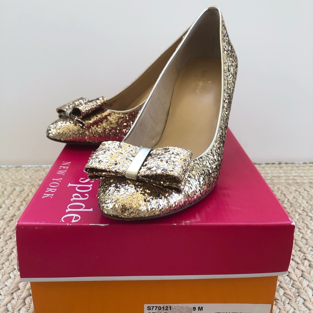 Kate Spade Gold Glitter Cello Heels